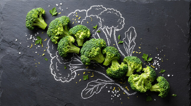 fresh organic broccoli with hand-drawn vegetable sketches and scattered leaves on dark surface