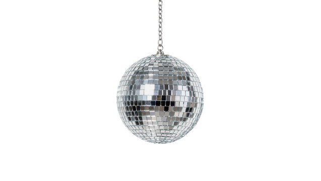 Silver disco ball with chain hanging, isolated on transparent background