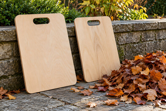 Reusable wooden leaf boards beside gathered autumn leaves