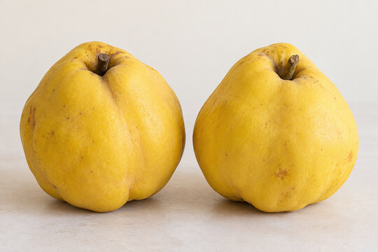 Golden yellow whole quinces on a simple cream surface
