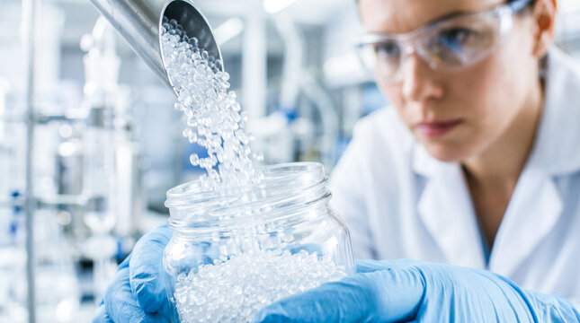 Female scientist wearing blue protective gloves pouring clear plastic polymer granules from metal chute into glass jar inside modern industrial laboratory
