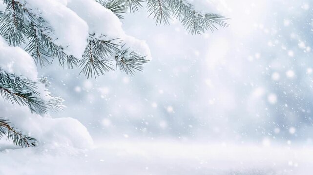 Pristine silence defines a tranquil woodland wonderland under falling snowflakes. Medium shot framing pine needles laden with thick frost and copy space.