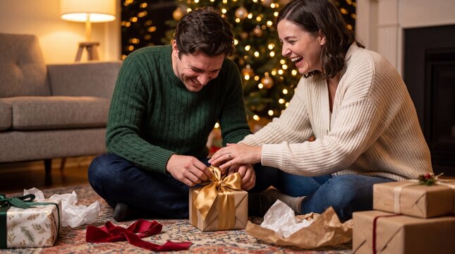 Happy couple wrapping Christmas gifts together on floor in cozy living room