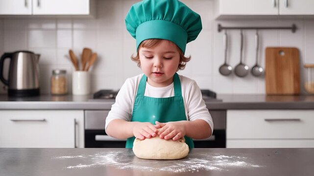 Culinary learning starts early as an adorable toddler kneads bread dough in a modern kitchen. Lockdown shot capturing a child chef practicing pastry skills.