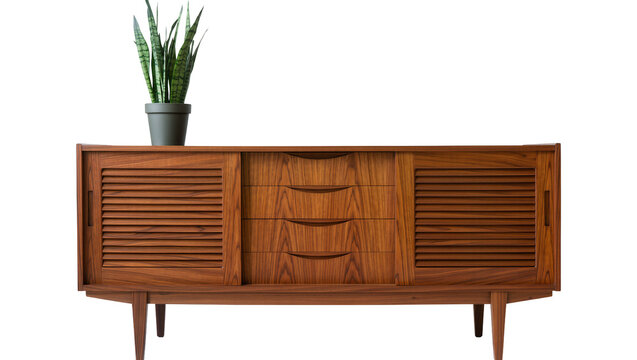 Mid-century modern walnut sideboard with louvered doors and drawers, isolated on transparent background