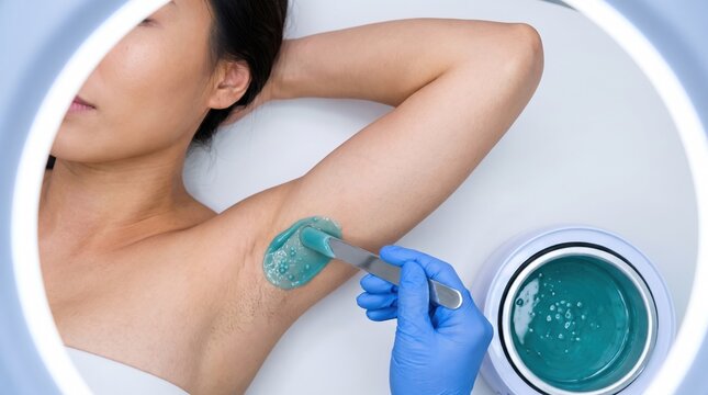 Professional underarm waxing treatment with teal hot wax, armpit hair removal procedure in a beauty spa, aesthetician applying wax with spatula