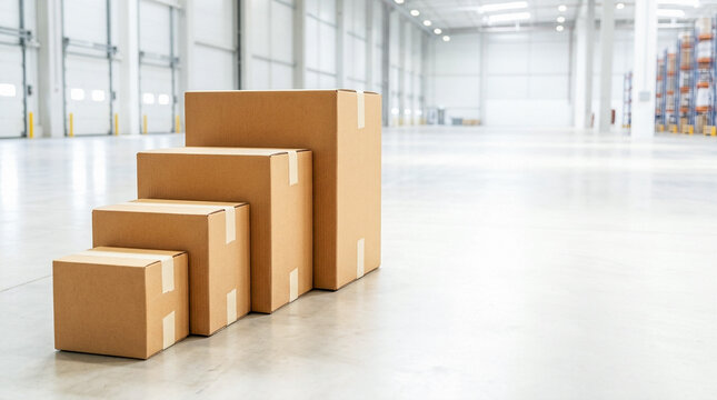 Four brown cardboard shipping parcel boxes lined up in descending size row on concrete floor inside large modern logistics warehouse storage