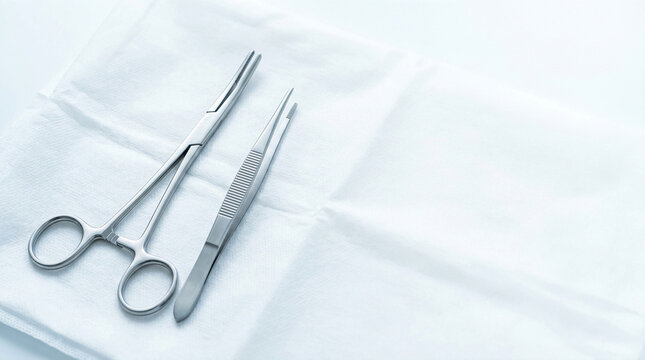 surgical stainless steel medical instruments including artery forceps clamp and tweezers resting on sterile white fabric cloth napkin in operating theater