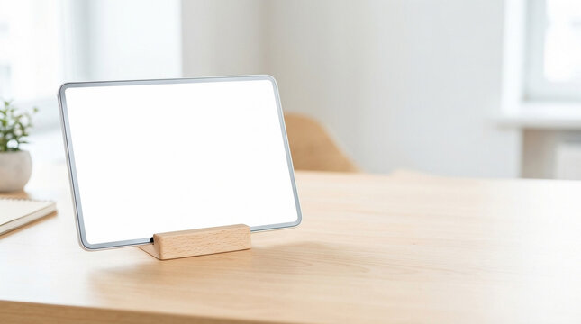 blank tablet computer mockup with empty white screen resting on wooden stand holder placed on natural wood table desk indoors