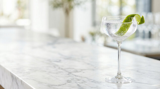 elegant crystal cocktail coupe glass filled with bubbling sparkling drink and green lime twist peel on luxury white marble counter