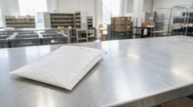 Blank white padded shipping envelope resting flat upon stainless steel work bench inside bright commercial fulfillment warehouse facility ready for customer parcel delivery