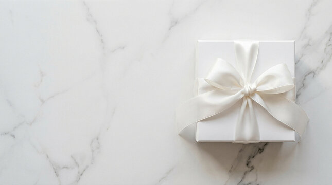 Elegant white square present wrapped tightly with smooth satin ribbon bow resting flat onto textured marble stone surface providing generous empty background