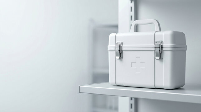 Blank white plastic medical supply case featuring molded cross symbol resting upon clean metallic storage shelf inside plain bright clinical healthcare facility