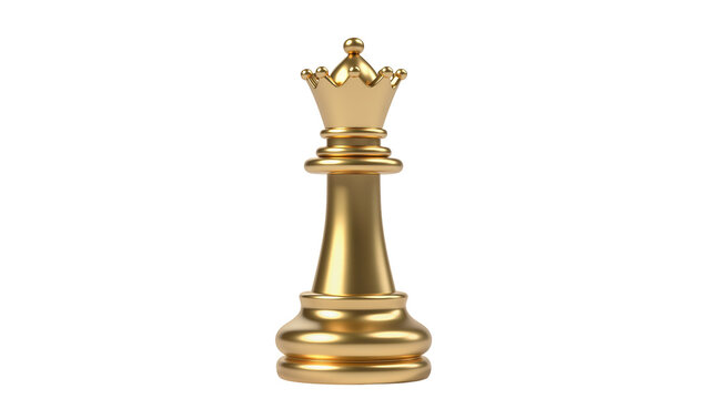 Golden chess queen piece with crown, isolated on transparent background