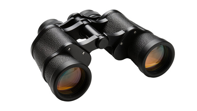 Black textured binoculars with orange lenses, isolated on transparent background