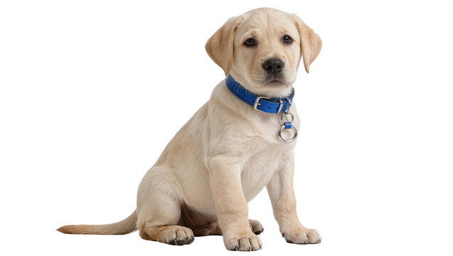 Young yellow Labrador puppy wearing a blue collar, isolated on transparent background