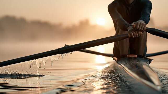 Sculler Rowing Across Still Lake Water at Sunrise, Frozen Oar Spray and Golden Mist Sport Photo
