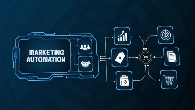 Marketing automation concept illustration, digital business efficiency workflow, futuristic technology interface.