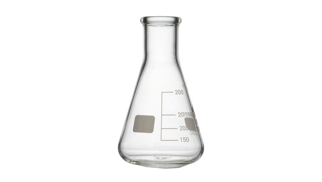 Clear glass Erlenmeyer flask with volume markings, isolated on transparent background