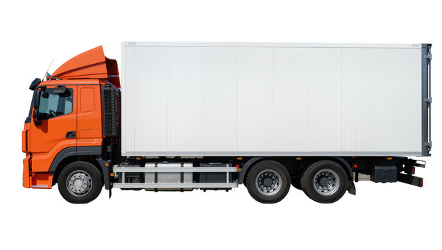 Orange semi-trailer truck with white cargo box, isolated on transparent background