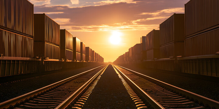 Container trains shot from a low angle on sunset tracks