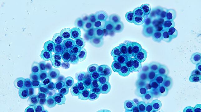 Microscopic view of cluster formations of blue-stained cellular structures in a biological sample revealing cell groupings and
