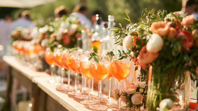 A stylish outdoor wedding reception boasts a lively cocktail bar with vibrant orange spritz cocktails, complemented by fresh floral decorations and bright, sunlit styling for an elegant outdoor affair