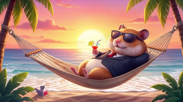 Anthropomorphic hamster executive sipping cocktail in hammock on tropical beach at sunset. AI generated concept of vacation, retirement, and work life balance. Lockdown shot.