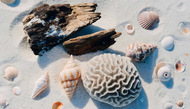 Various seashells, brain coral, and weathered driftwood on white sand background
