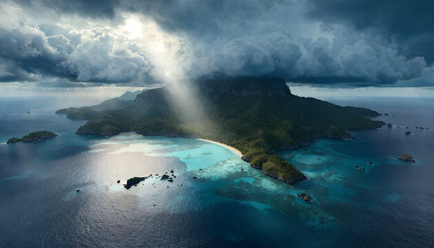 3D aerial view of tropical island landscape with dramatic sunbeam through dark storm clouds
