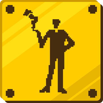 Pixelated golden metallic box icon featuring a smoking man symbol, indicating designated smoking areas icon