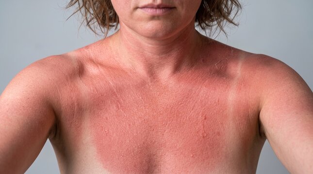 Woman showing severe sunburn, erythema or polymorphous light eruption on her chest and neck