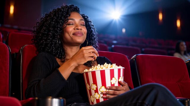 African American woman eating popcorn in cinema while watching film. Movie theater leisure entertainment. Low angle view with subtle panning.