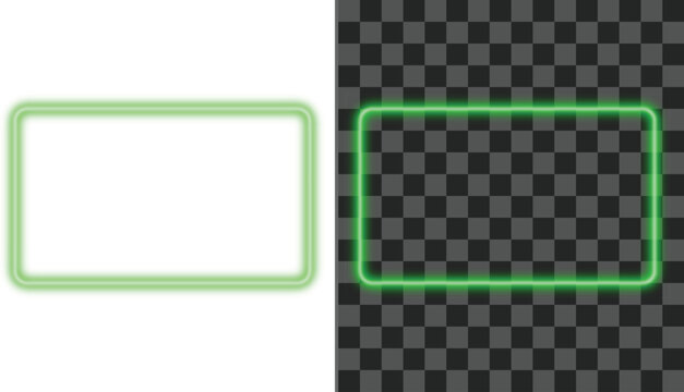 Glowing Green Neon Rectangular Frame with Electric Light Outline and Rounded Border Isolated on Transparent Background for Modern Graphic Design