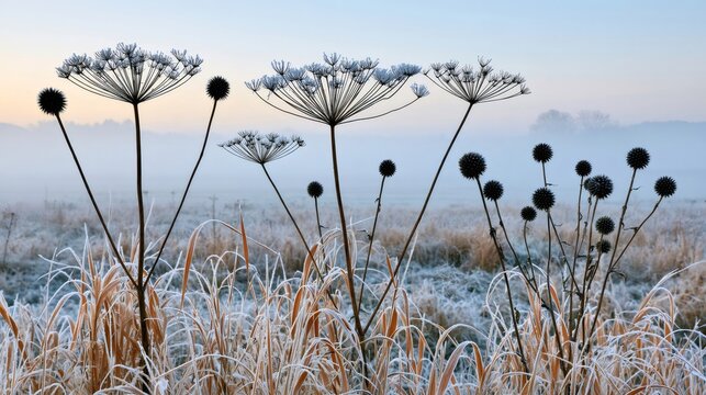 Frosted meadow plants rising through winter mist at sunrise