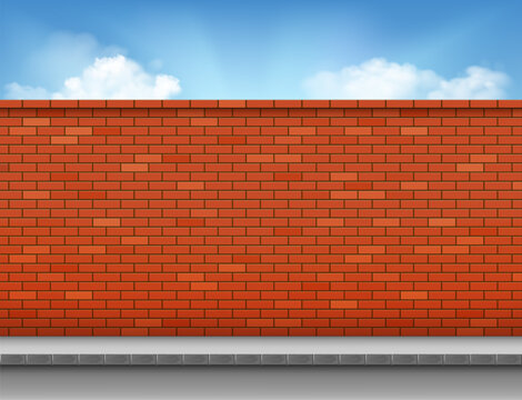 Red brick wall or brick fence with a sidewalk on the street. Vector background