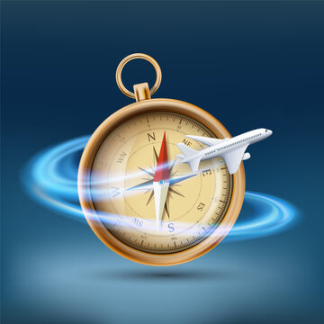 Passenger plane flies around a compass. Vector illustration.