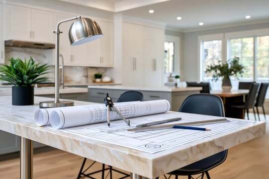Kitchen renovation blueprints on marble countertop with tools
