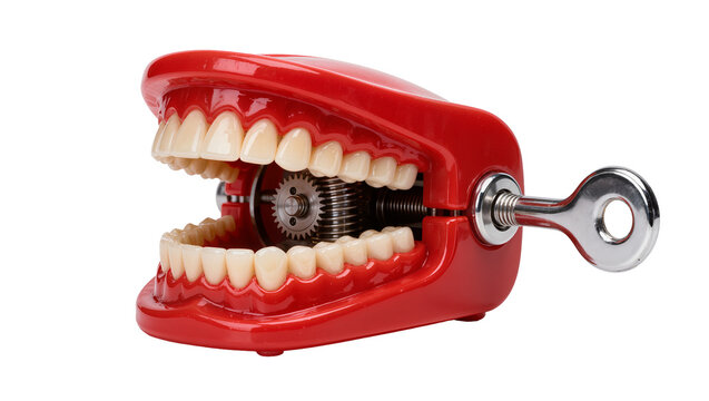 Red wind-up chattering teeth toy with metal gears, isolated on transparent background