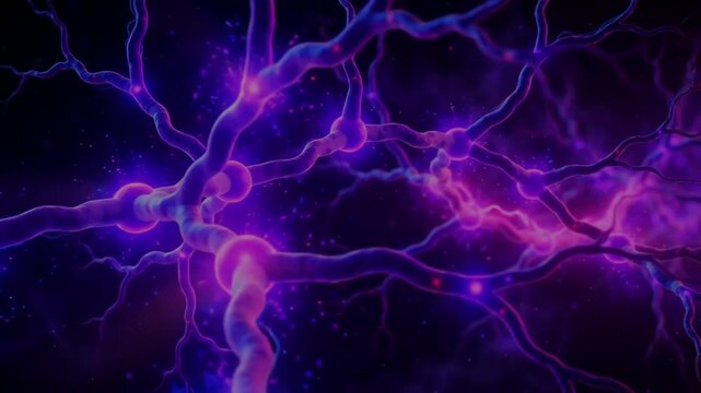 Glowing neural network and brain synapses firing electrical impulses, abstract science motion background