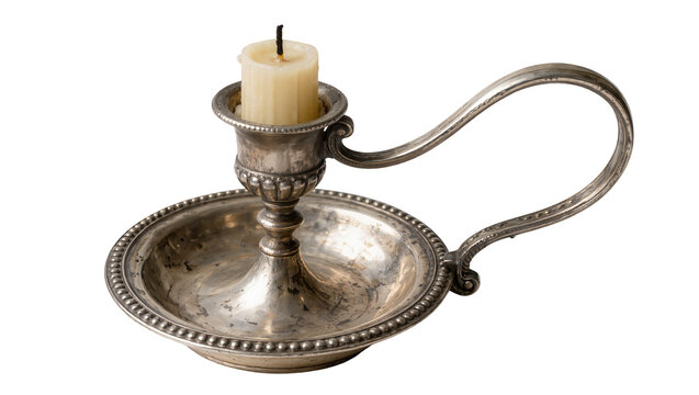 Antique silver candlestick with a cream candle, isolated on transparent background