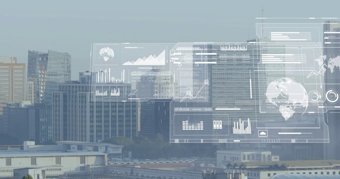 Hazy skyline showing high-rise buildings under digital charts and globe overlay, copy space