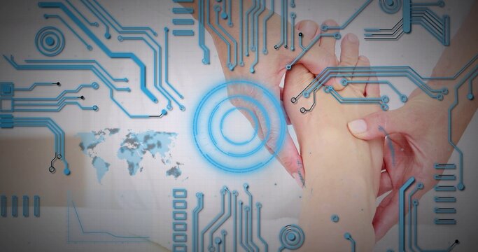 Two hands reaching toward glowing blue circular interface amid circuit lines on gray background