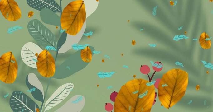 Orange leaves overlapping pale green leaves near red berries on muted sage backdrop, copy space