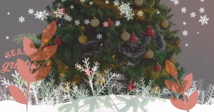 Decorated evergreen tree standing over snowy base with round ornaments and snowflake motifs