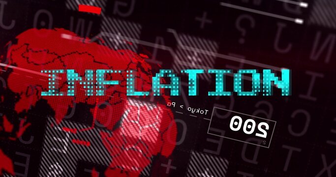 Turquoise pixel word INFLATION hovering over red dotted world map with white box showing 500