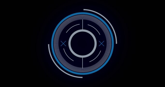 Circular digital interface showing concentric rings and blue X marks on black, copy space
