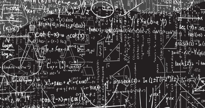 Dark chalkboard holding white chalk equations, trigonometric identities and geometric diagrams
