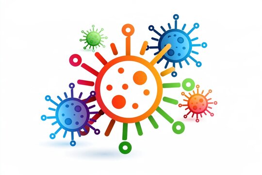 Colorful microbes float against a clean white background