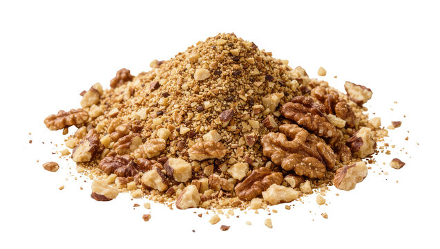 Pile of crushed walnuts and whole walnut kernels
